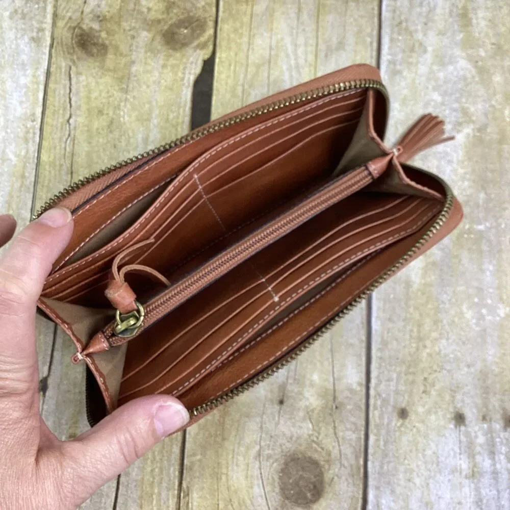 VT Hokies JML Embossed Cowhide Leather Wallet Brown Virginia Tech Zip Around